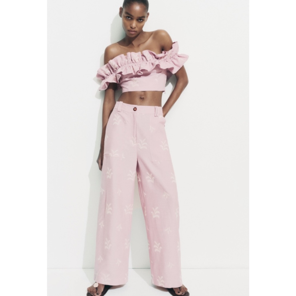 ZARA EMBROIDERED LINEN BLEND PANTS